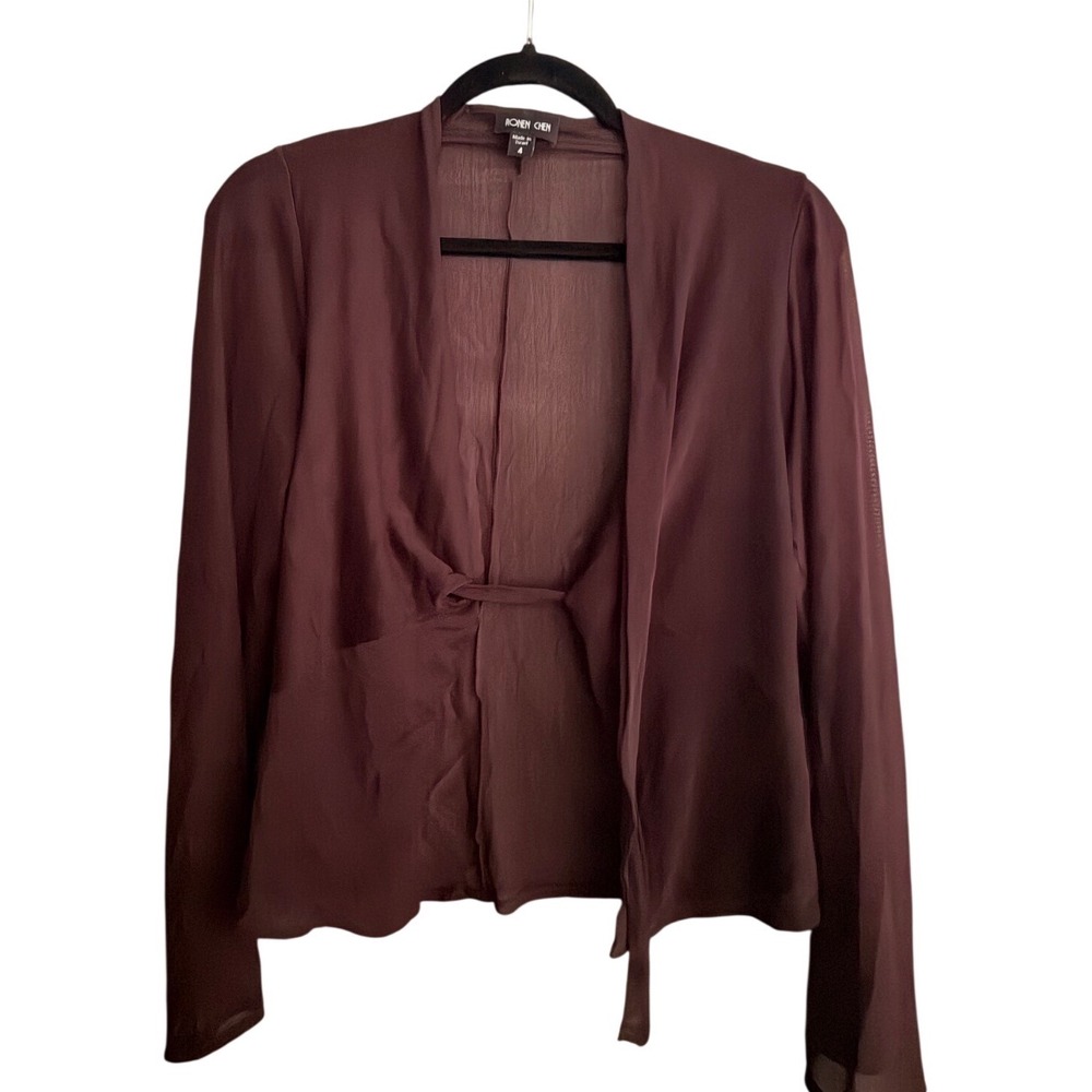 Ronen‎ Chen Burgundy Sheer Tie Front Long Sleeve Blouse Top Women Size 4